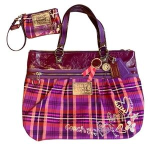 Vintage Coach Poppy Purple Tartan Plaid Glam Tote / Shoulder Bag + Wristlet
